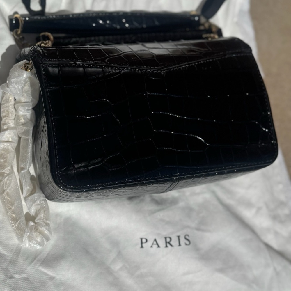 Sandro Black Croc-Embossed Patent Leather Crossbody Bag with Gold Ring Clasp - Picture 13 of 16